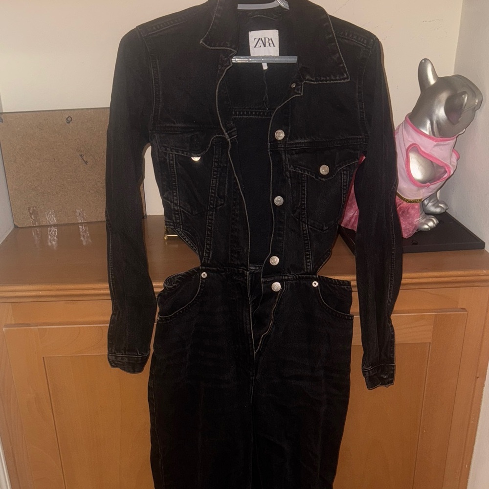 Zara Women's Black Denim cut out jumpsuit